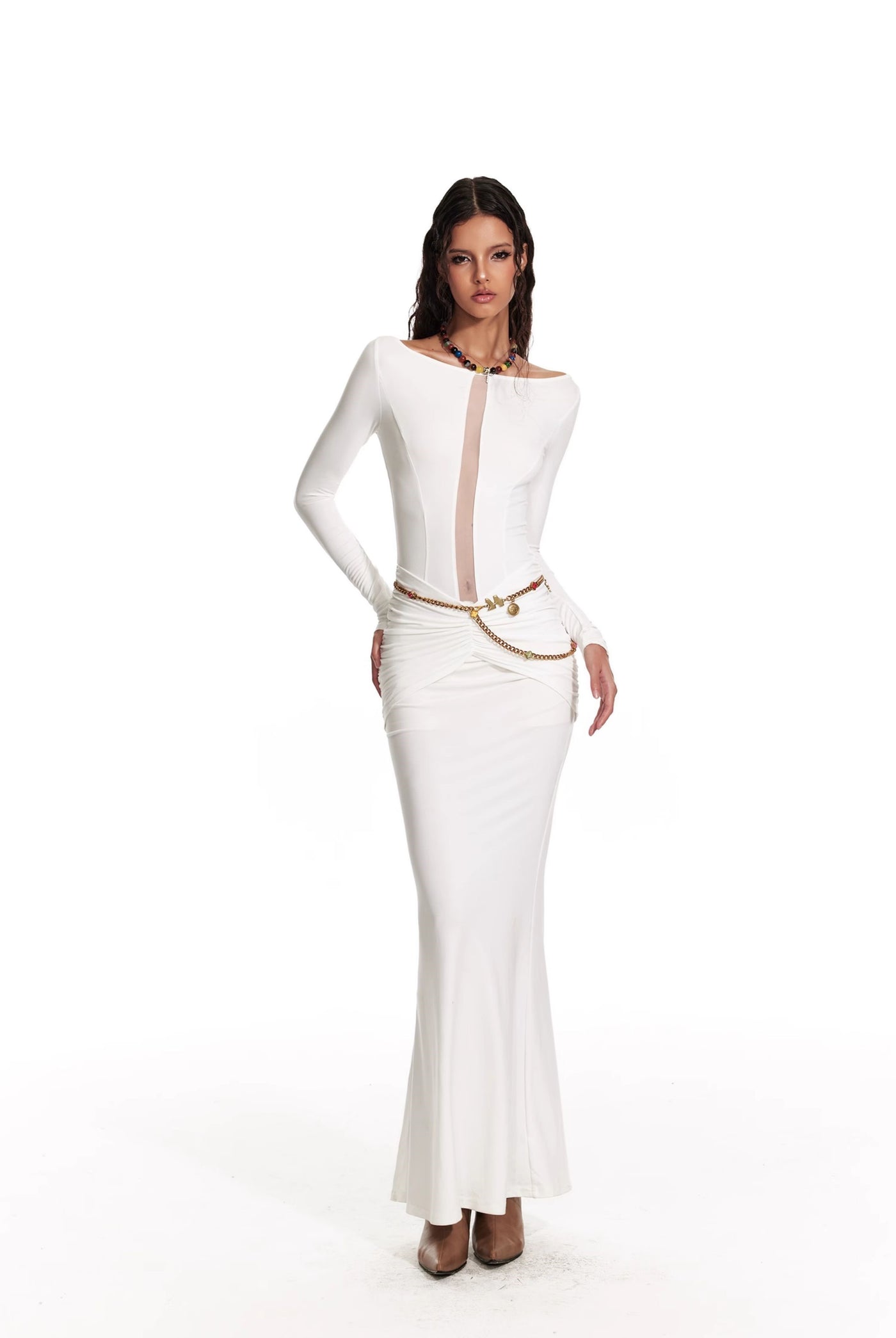 White Church Style Pleated Waist Slim Long Dress/Shawl 4MU0063