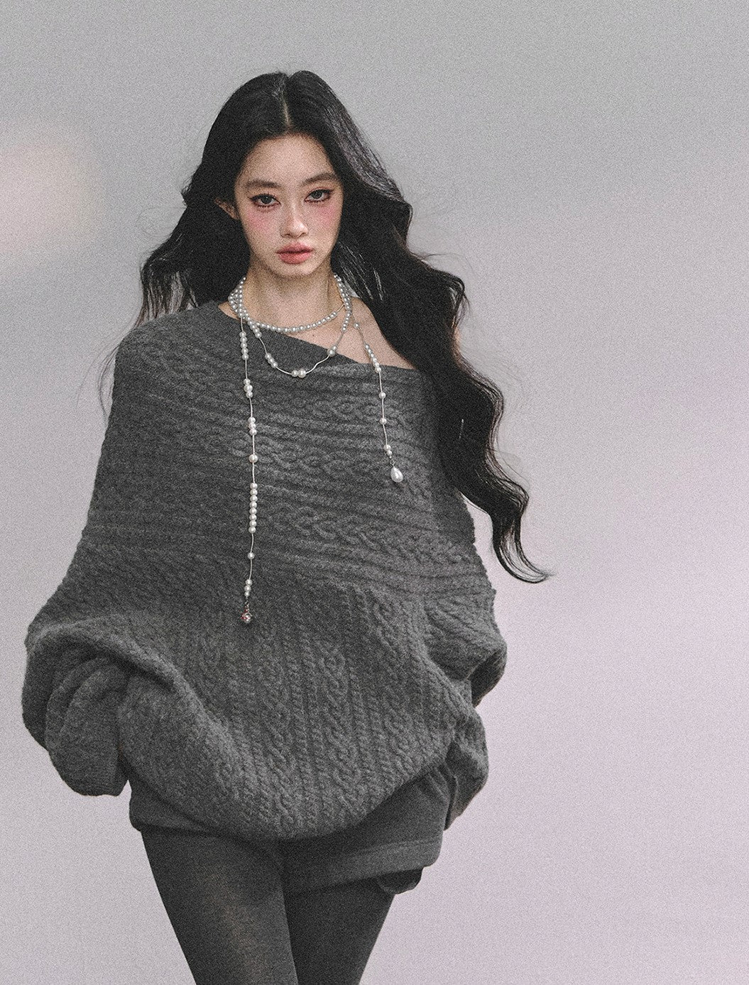 American One Shoulder Cable Sweater DIA0619