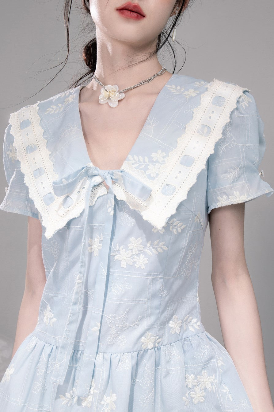 Blue Lace Collar Short Sleeve Dress COT0320