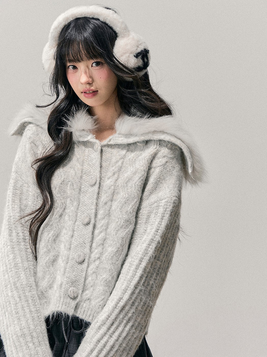 Large Fur Collar Knit Cardigan DIA0733