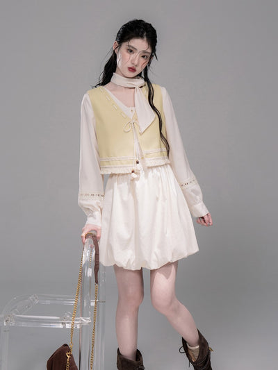 Custard Vest/Lace White Shirt Dress COT0336