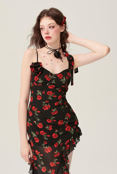 Black Amber Floral Ruffle Irregular Suspender Dress DIA0172