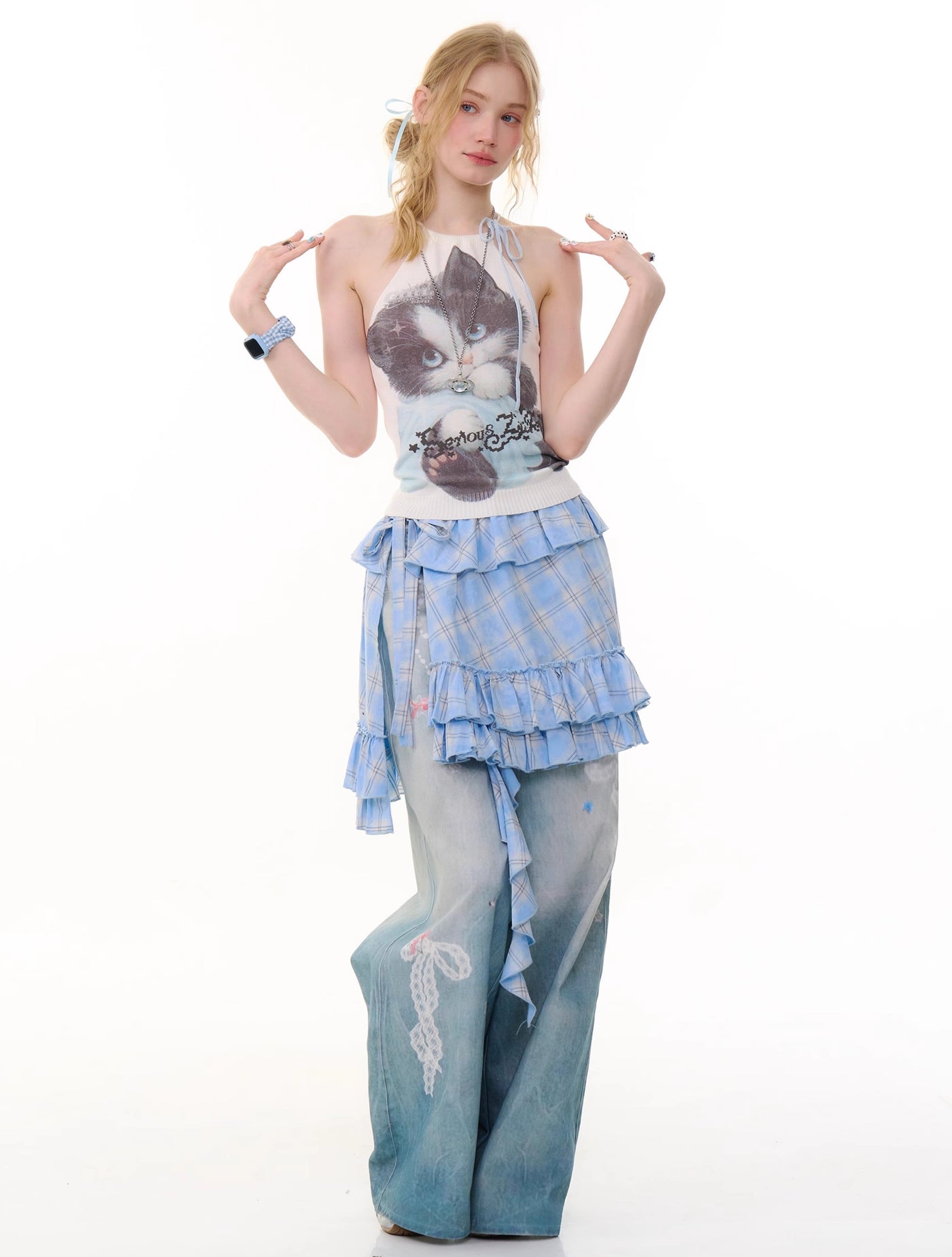 Chain Print Wide Leg Blue Jeans ZIZ0282