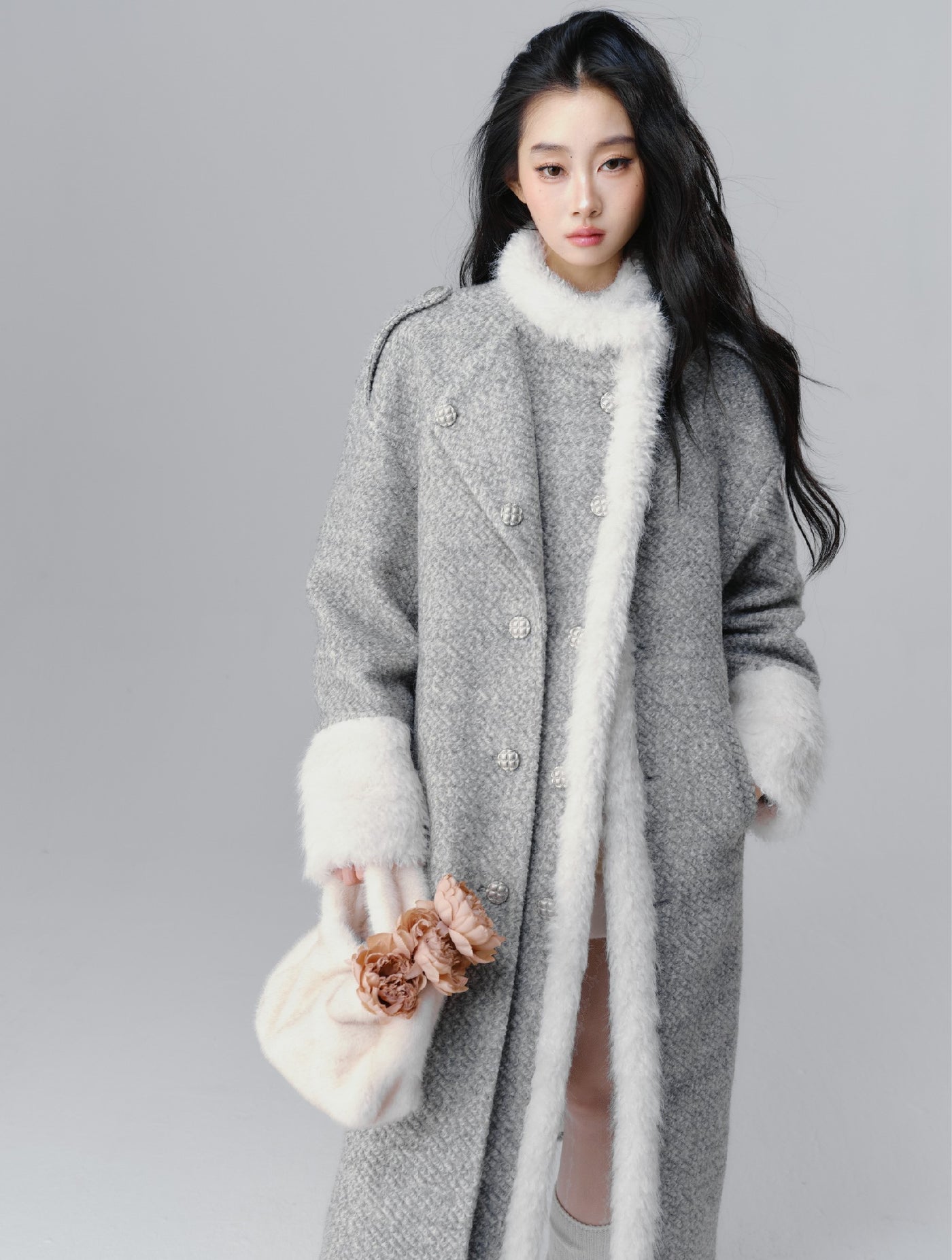 Icelandic Silver Snow Gray Fur Collar Woolen Long Coat SAL0093