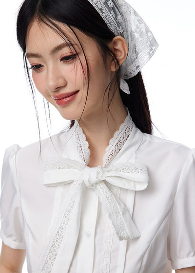 White Lace Bow Short-sleeved Shirt NTO0097