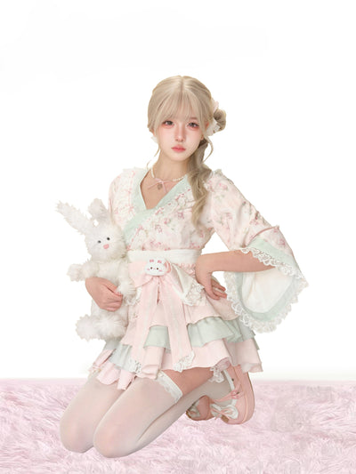 Pink Print Top/Cake Skirt/Waist Bow Belt SER0155