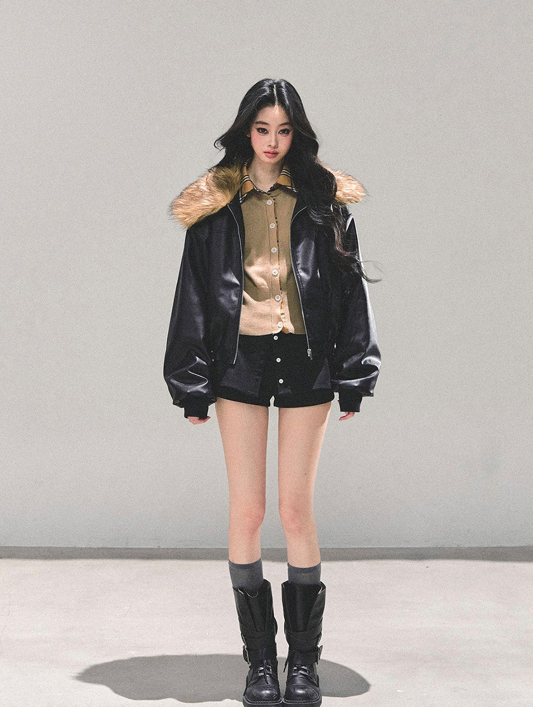 Black Large Lapel Leather Jacket DIA0690