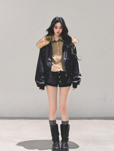 Black Large Lapel Leather Jacket DIA0690