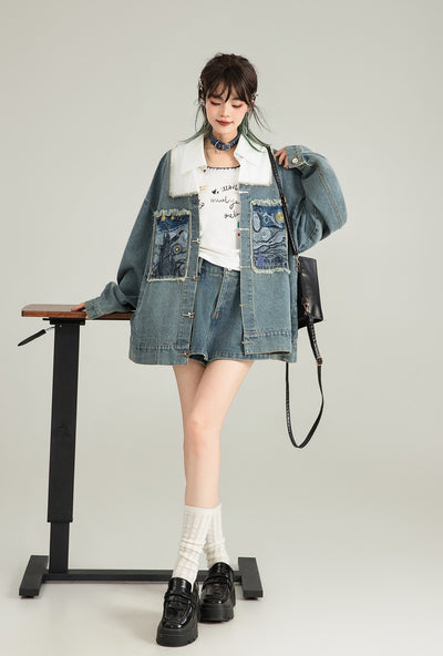 Literary Style Embroidered Denim Casual Jacket/Black Long Skirt KEI0122