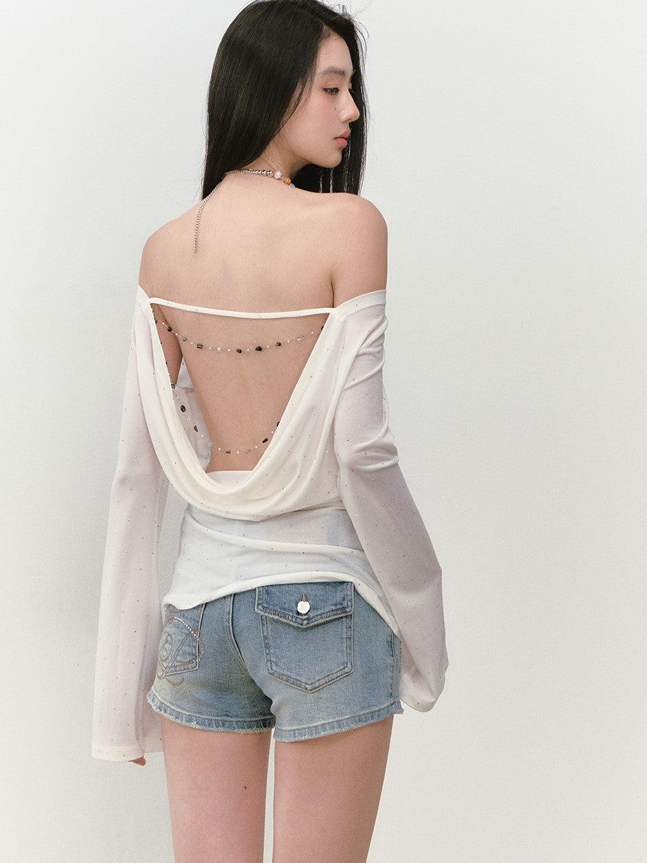One-shoulder Backless Beaded T-shirt VIA0281