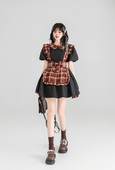 Maid Style Plaid Short Skirt Black Dress KEI0076