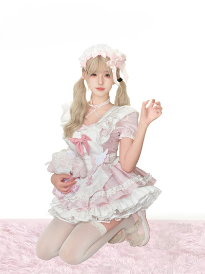 Bunny Pink Jacquard Dress/Bow Apron/Skirt SER0151