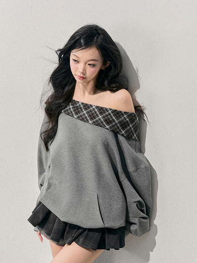 Off-Shoulder Plaid Sweatshirt DIA0765