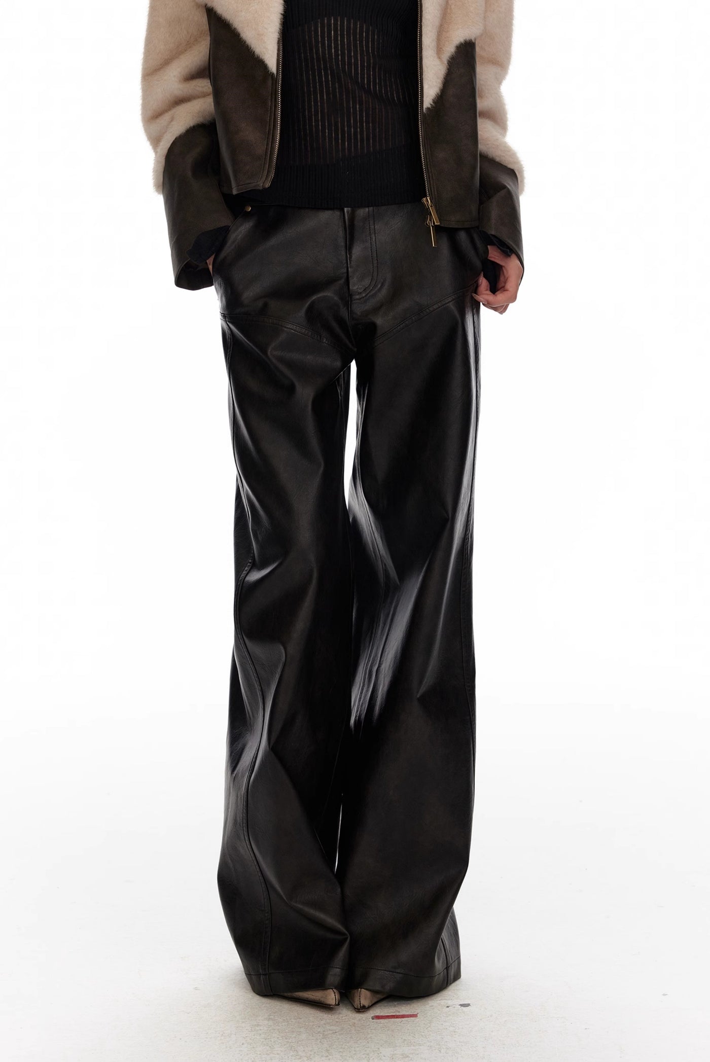 Black Low Waist Slim Wide Leg Straight Leather Pants 4MU0069