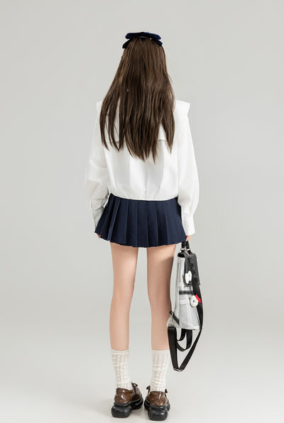 Large Lapel White Long-sleeved Shirt/Navy Pleated Skirt KEI0136