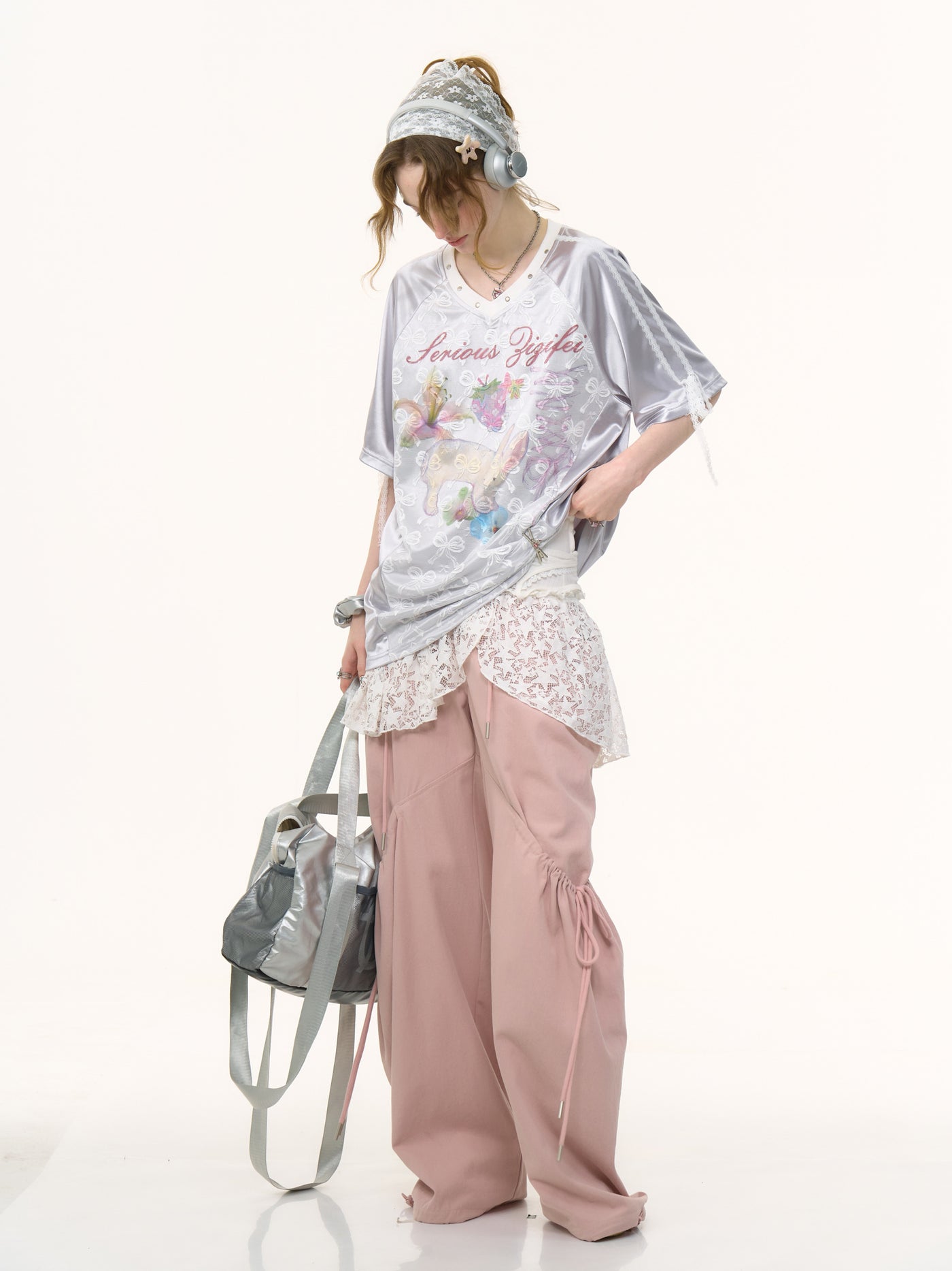 Satin Lace Bow Gray T-shirt ZIZ0245