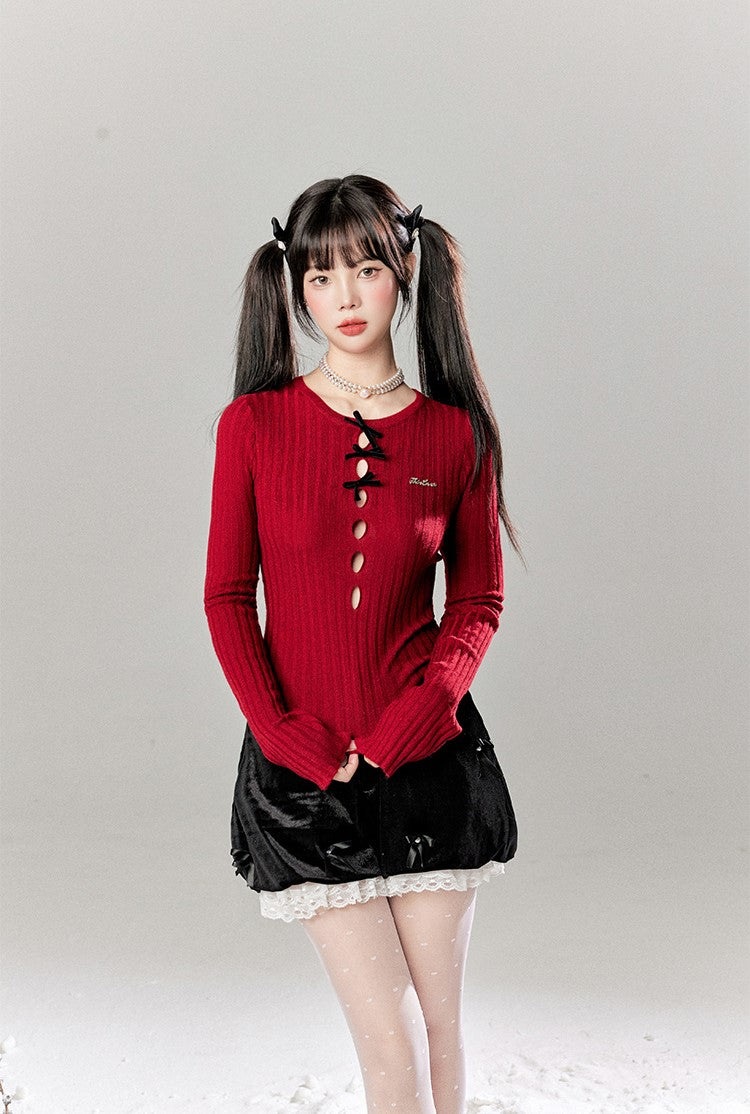 Hollow Long Sleeve Round Neck Bow Knitted Sweater/Skirt TBI0051