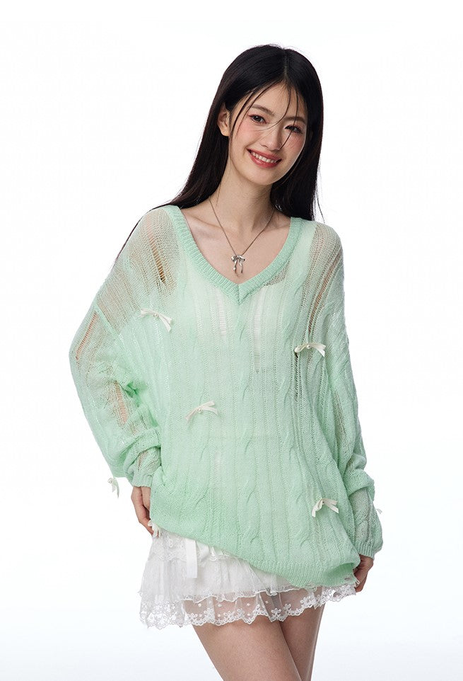 Lazy Style Mint Green Irregular Hollow Bow Knit/Camisole NTO0115