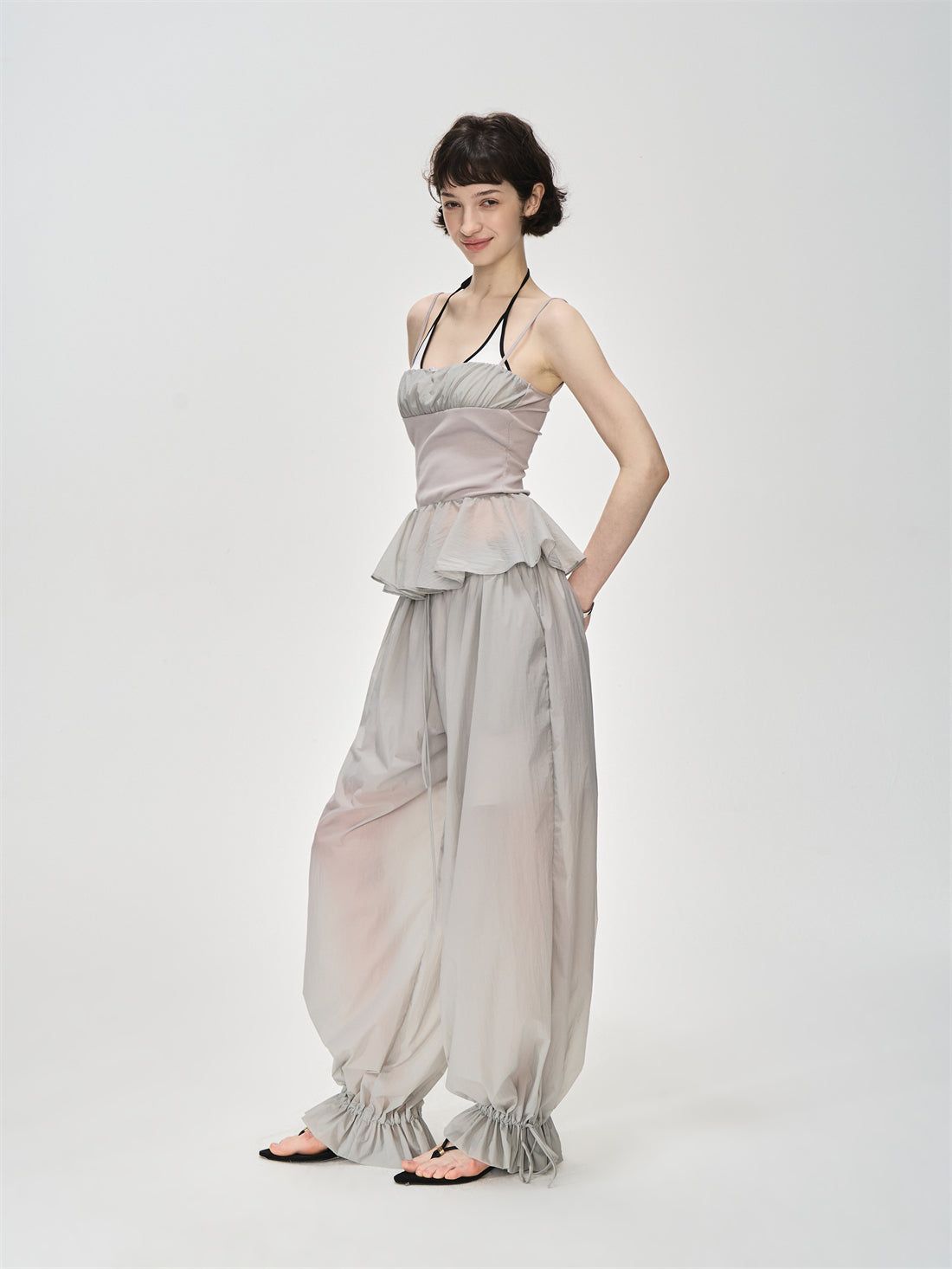 Translucent Pleated Loose Drawstring Pants CUR0231