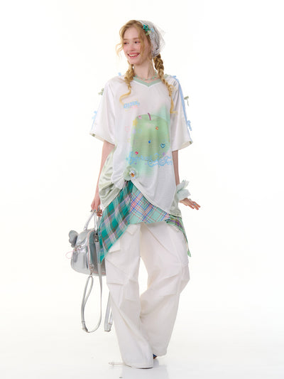 Apple Print Sports Style V-neck T-shirt ZIZ0286