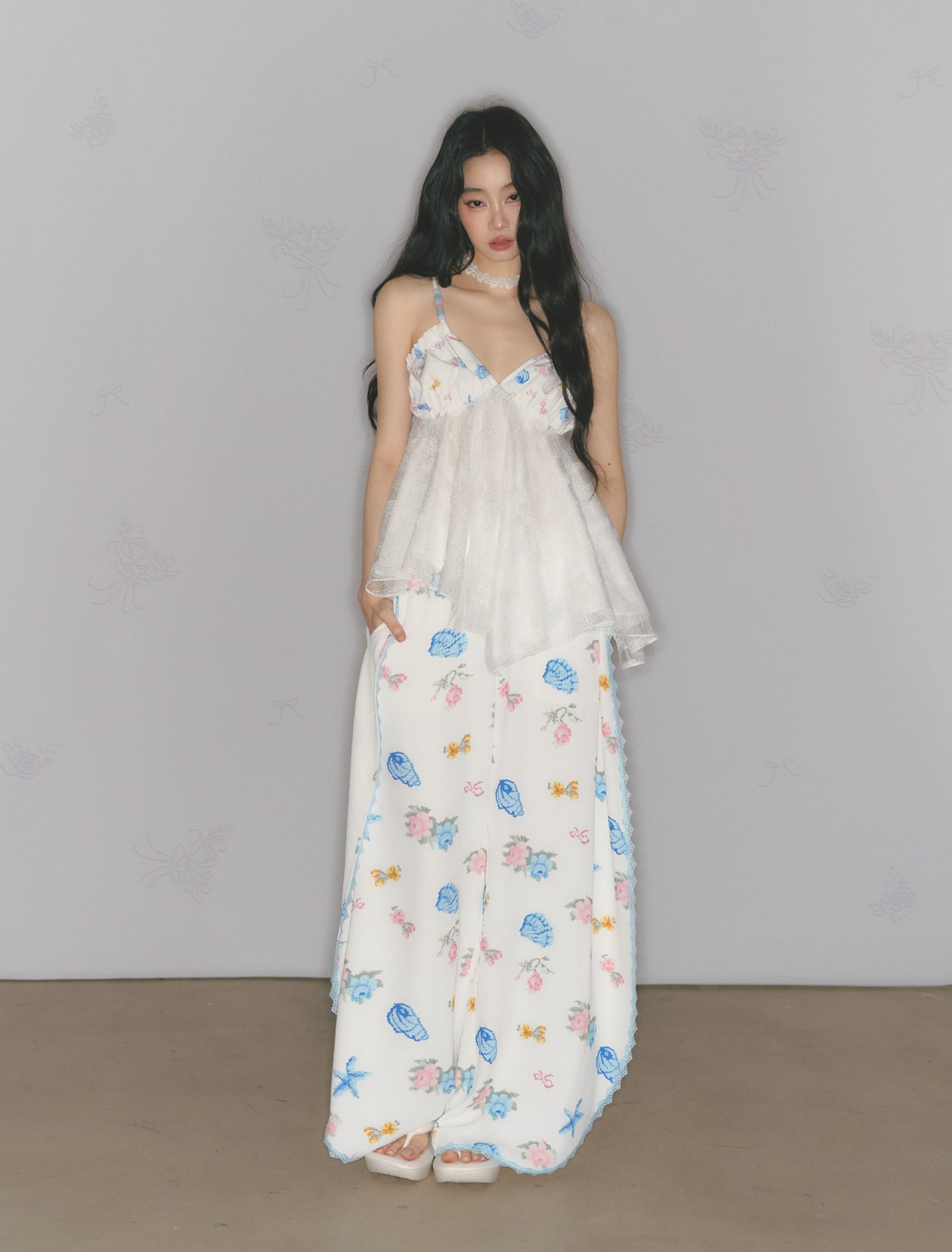 White Flower Printed Lace Camisole SAL0177