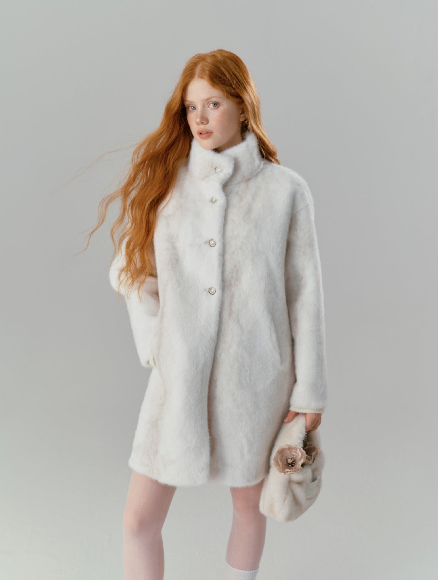 White Cross Half High Collar Eco-friendly Fur Long Coat SAL0089