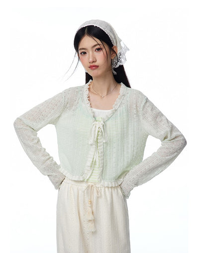 Lace Hollow Mint Color Knitted Cardigan/Pants NTO0109