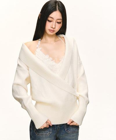 White V-neck Sweater/Lace Camisole ANA0091