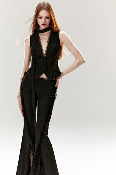 Lace Flared High Waist Black Suit Pants 4MU0040