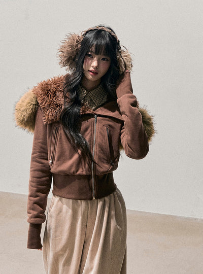Brown Detachable Shearling Collar Jacket DIA0752