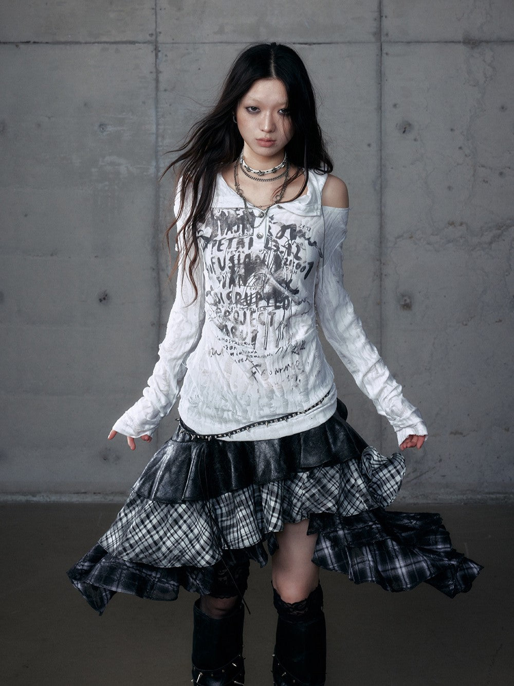 Punk Plaid Irregular Splicing Leather Skirt NOR0188