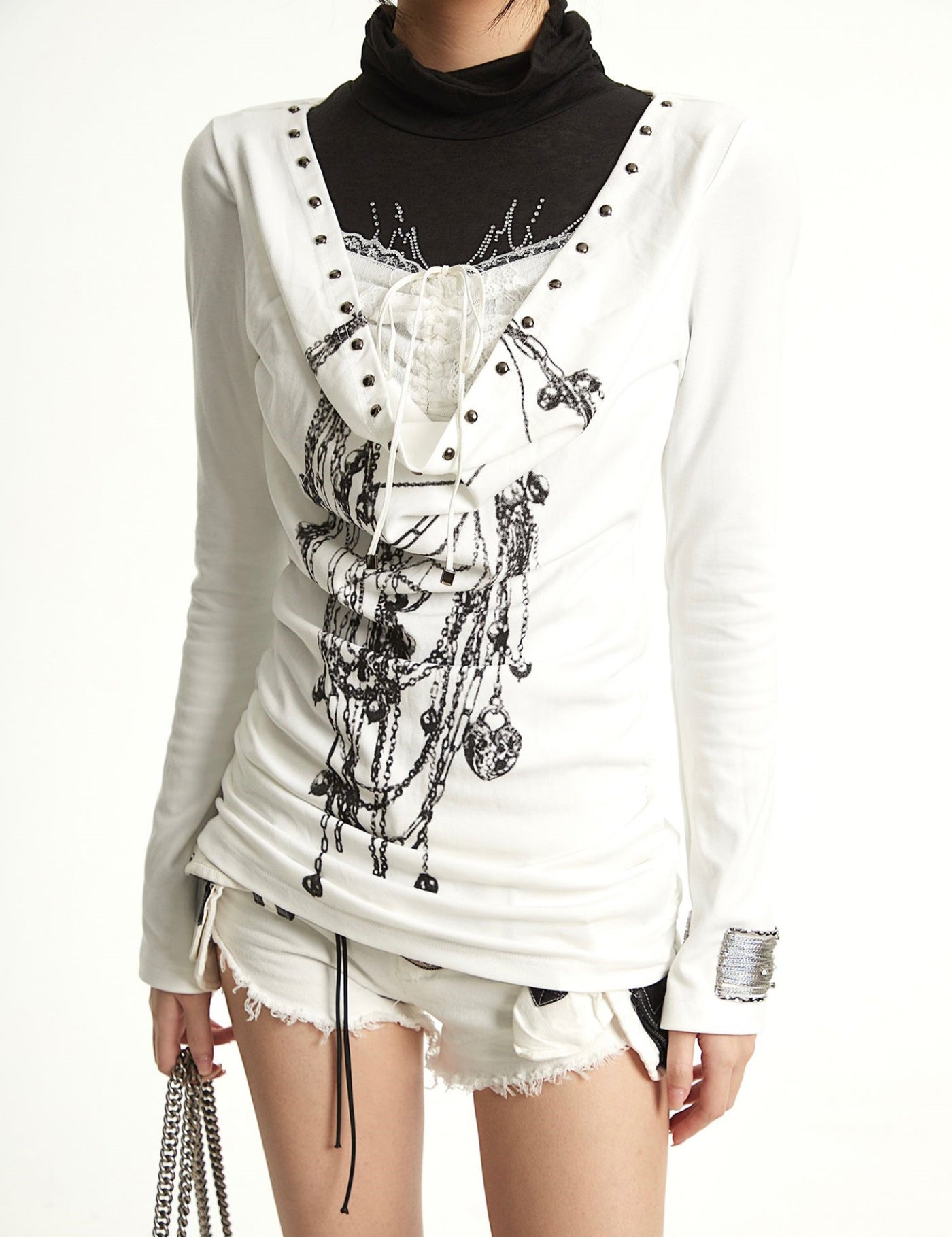 Fake Two-piece Lace Stitching Print T-shirt UNC0287