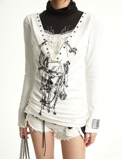 Fake Two-piece Lace Stitching Print T-shirt UNC0287