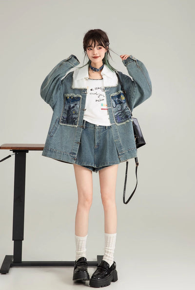 Literary Style Embroidered Denim Casual Jacket/Black Long Skirt KEI0122