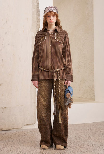 Suede Beaded Retro Striped Shirt DID0215