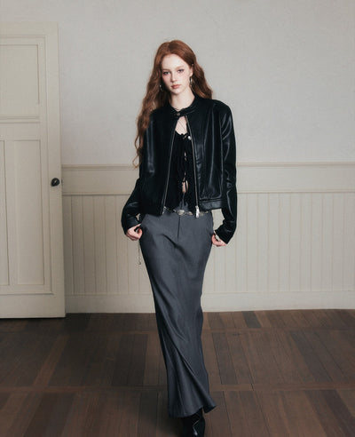 Stand Collar Black Leather Jacket LUL0173