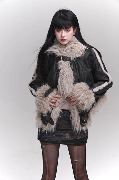 Eco-friendly Large Fur Collar Leather Jacket LAD0122