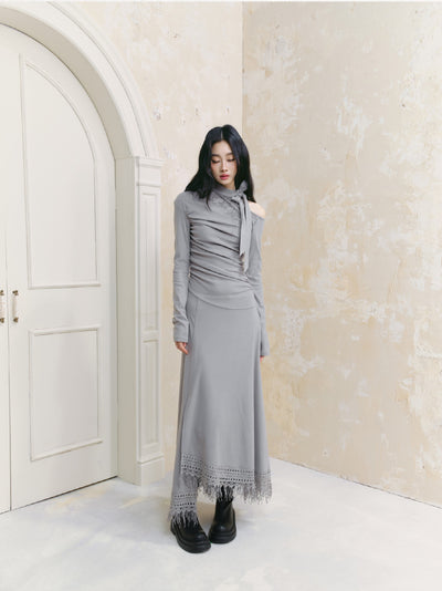 Decorated Collar Gray One-shoulder Long-sleeved Dress SAL0090