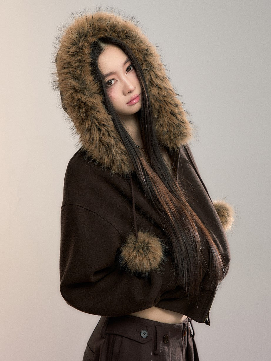 Fleece Pompon Fur Collar Sweatshirt Jacket VIA0355
