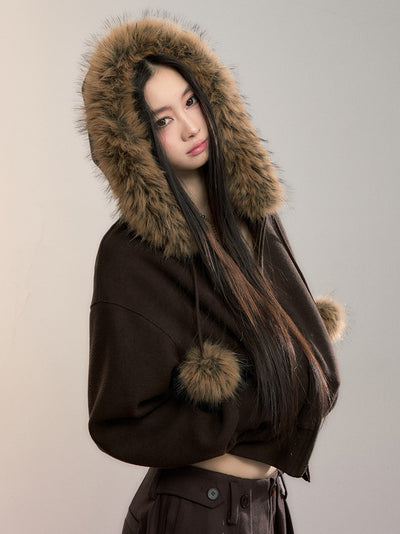 Fleece Pompon Fur Collar Sweatshirt Jacket VIA0355