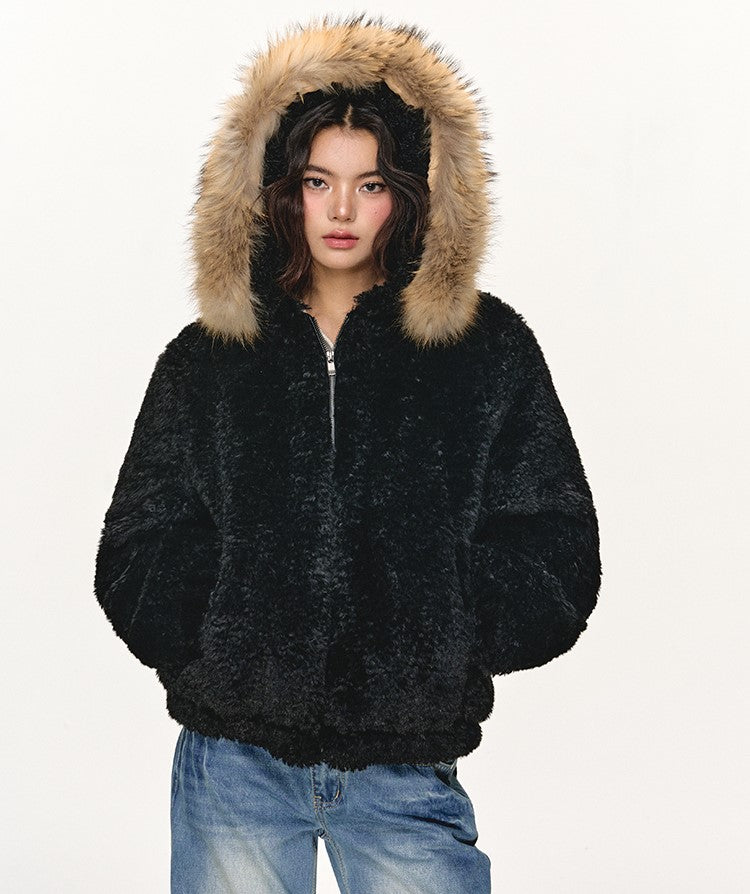 Fur Collar Black Hooded Jacket ANA0108