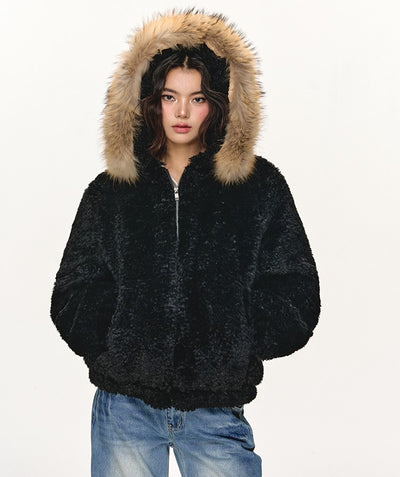 Fur Collar Black Hooded Jacket ANA0108