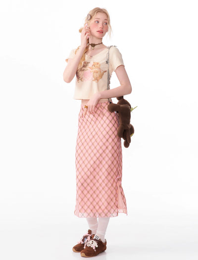 American Retro High Waist Pink And Brown Plaid Fishtail Mid-length Skirt ZIZ0106