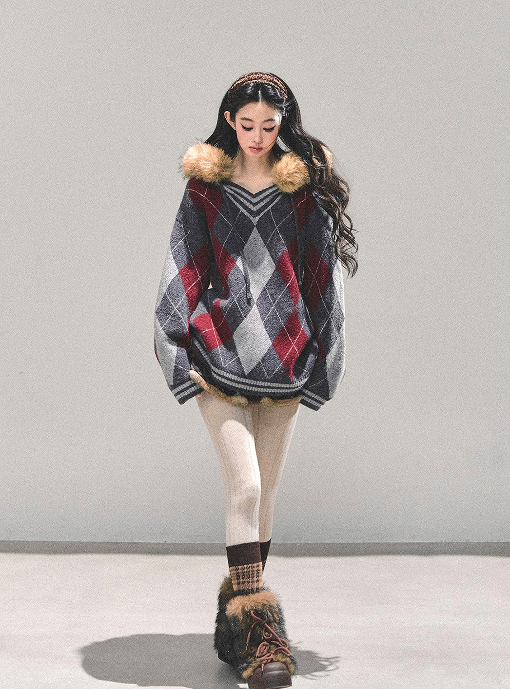 American Preppy Style Fur-Collar Argyle Sweater DIA0696