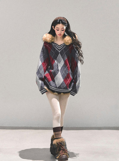 American Preppy Style Fur-Collar Argyle Sweater DIA0696