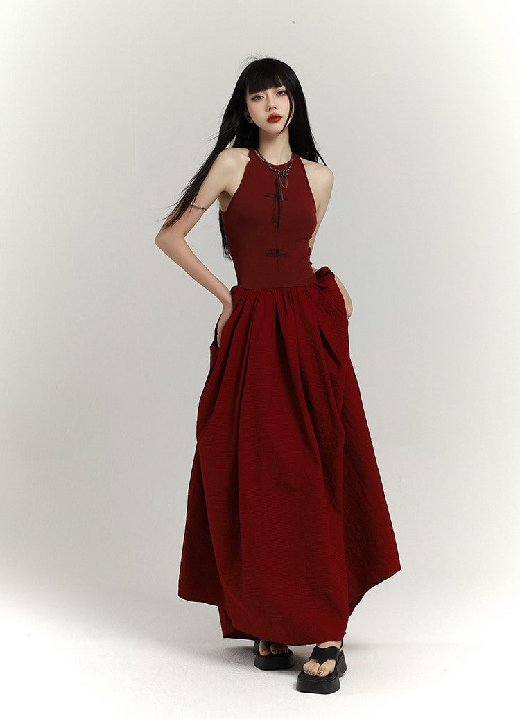 Chinese Style Red Suspenders Long Dress LAD0092