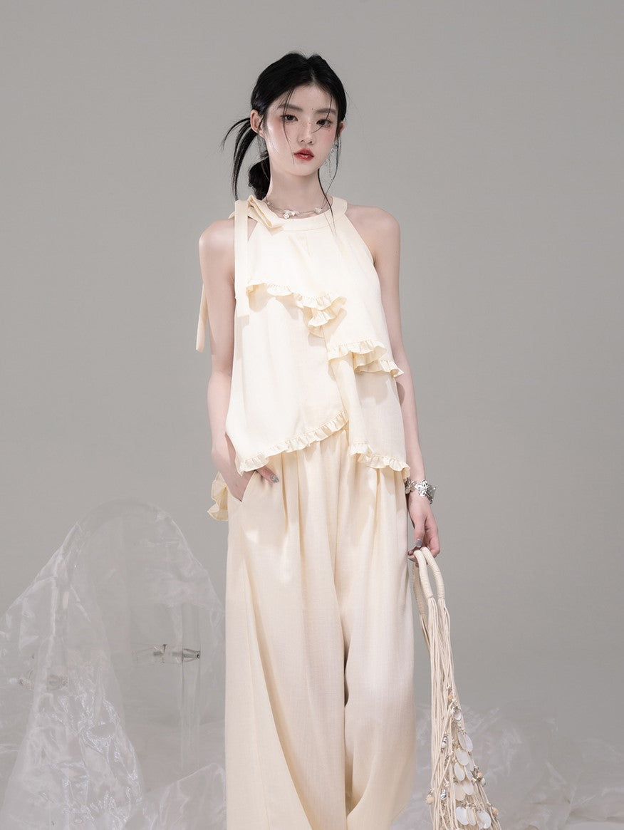 Irregular Halter Neck Ruffled Top/Pants COT0303