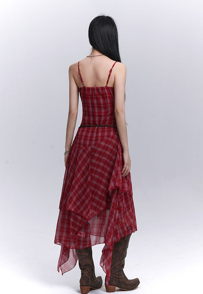 Irregular Hem Plaid Suspender Dress LAD0186