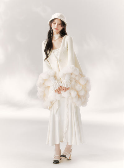 White Nine-tailed Fur Ball Knitted Cape BBB0092