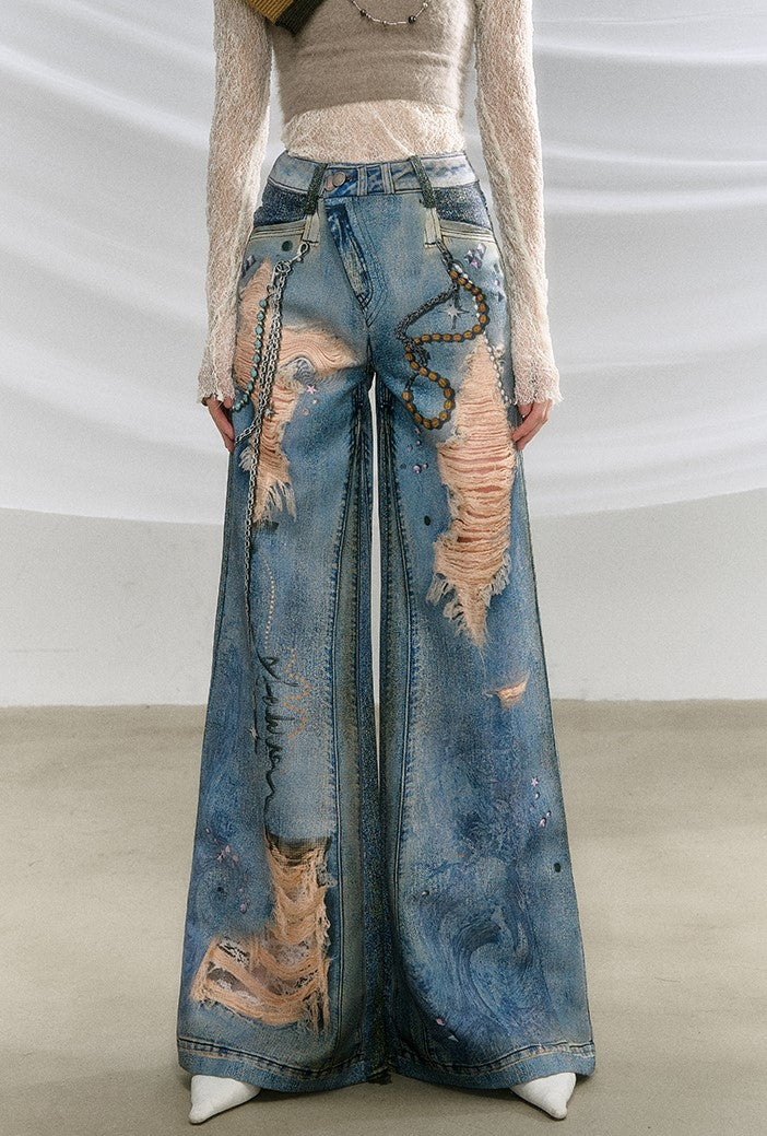 Ripped Full Print Pendant Beaded Bootcut Denim Pants OFA0207